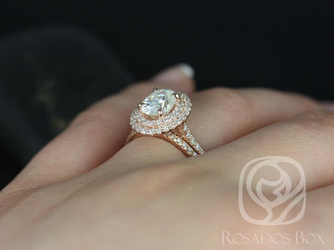 1.50ct Cara 8x6mm 14kt Gold Moissanite Diamond Double Oval Halo Bridal Set - Rosados Box