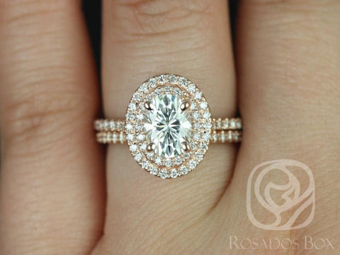 1.50ct Cara 8x6mm 14kt Gold Moissanite Diamond Double Oval Halo Bridal Set - Rosados Box