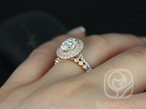 1.50ct Cara 8x6mm & Petite Naomi 14kt Moissanite Diamonds Dainty Oval Double Halo Bridal Set - Rosados Box