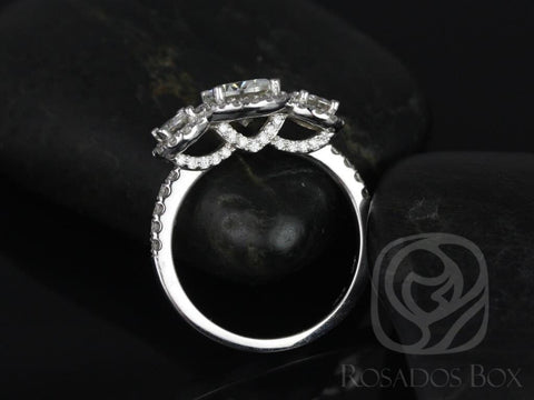 1.25ct Dita 7mm 14kt Forever One Moissanite Diamond Round Halo Three Stone Ring - Rosados Box