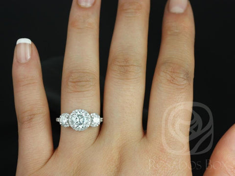 1.25ct Dita 7mm 14kt Forever One Moissanite Diamond Round Halo Three Stone Ring - Rosados Box