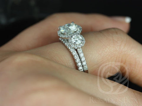 1.25ct Dita 7mm 14kt Forever One Moissanite Diamond Round Halo Three Stone Ring - Rosados Box