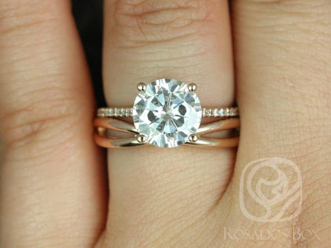 2.70ct Eloise 9mm & PLAIN Sk. Lima 14kt Rose Gold Forever One Moissanite Thin Cathedral Round Solitaire Accent Bridal Set