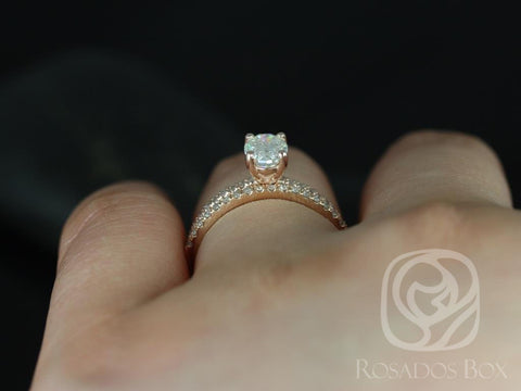 1ct Darcy 7x5mm 14kt Forever One Moissanite Diamond Dainty Oval Solitaire Bridal Set - Rosados Box