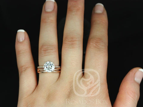 2.70ct Eloise 9mm & PLAIN Sk. Lima 14kt Rose Gold Forever One Moissanite Thin Cathedral Round Solitaire Accent Bridal Set