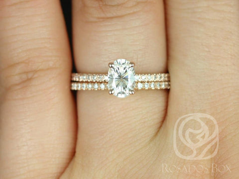 1ct Darcy 7x5mm 14kt Forever One Moissanite Diamond Dainty Oval Solitaire Bridal Set - Rosados Box