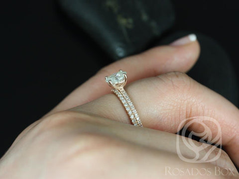 1ct Darcy 7x5mm 14kt Forever One Moissanite Diamond Dainty Oval Solitaire Bridal Set - Rosados Box