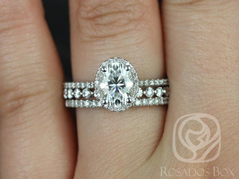 1.50ct Rebecca 8x6mm & Petite Naomi 14kt Gold Moissanite Diamond Oval Halo TRIO Bridal Set - Rosados Box