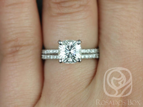 1.70ct Heidi 7mm 14kt White Gold Forever One Moissanite Diamond Dainty Pave Cushion Dainty Classic Bridal Set - Rosados Box