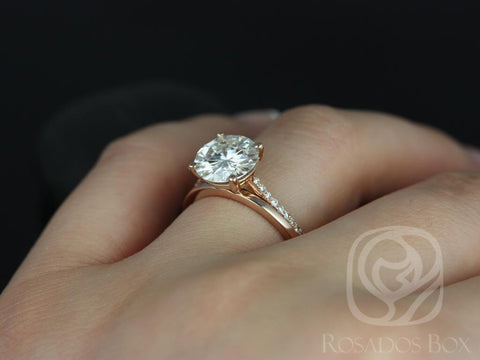 2.70ct Eloise 9mm & Plain Bd 14kt Rose Gold Moissanite Diamonds Dainty Round Solitaire Accent Bridal Set