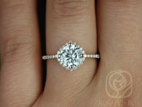 1.25ct Ready to Ship Kitana 7mm 14kt Rose Gold Moissanite Diamonds Cushion Halo Ring - Rosados Box