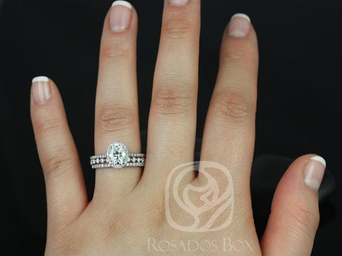 1.50ct Rebecca 8x6mm & Petite Naomi 14kt Gold Moissanite Diamond Oval Halo TRIO Bridal Set - Rosados Box