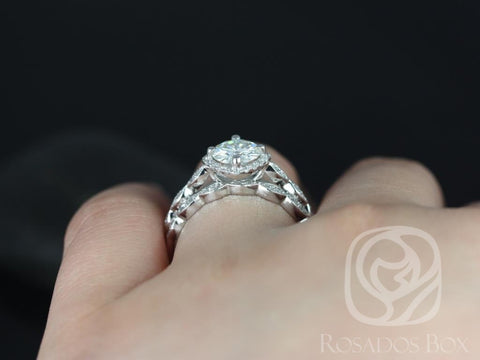 Ready to Ship 1.25cts Round Moissanite Diamond Kite Halo WITH Milgrain Wedding Set, 14kt YELLOW Gold, Katya 7mm, Rosados Box