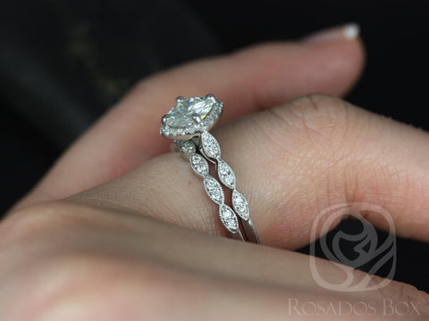 Ready to Ship 1.25cts Round Moissanite Diamond Kite Halo WITH Milgrain Wedding Set, 14kt YELLOW Gold, Katya 7mm, Rosados Box