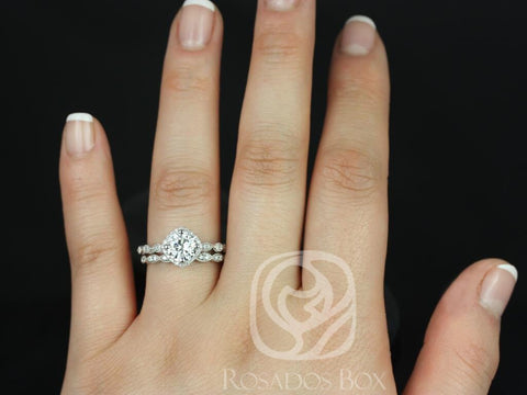 Ready to Ship 1.25cts Round Moissanite Diamond Kite Halo WITH Milgrain Wedding Set, 14kt YELLOW Gold, Katya 7mm, Rosados Box