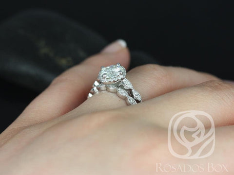 Ready to Ship 1.25cts Round Moissanite Diamond Kite Halo WITH Milgrain Wedding Set, 14kt YELLOW Gold, Katya 7mm, Rosados Box