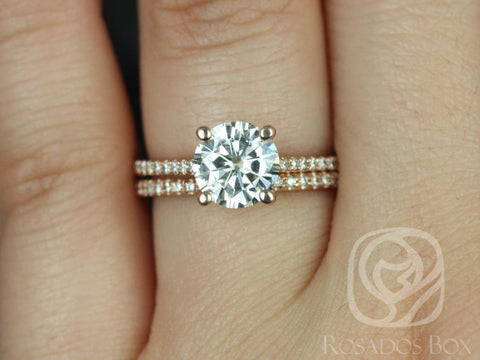 1.50ct Eloise 7.5mm 14kt Gold Moissanite Diamonds Dainty Round Solitaire Bridal Set - Rosados Box