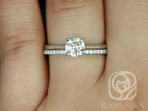 0.70ct Ready to Ship Skinny Flora & Romani 14kt White Gold Diamond Classic Round Solitaire Bridal Set - Rosados Box
