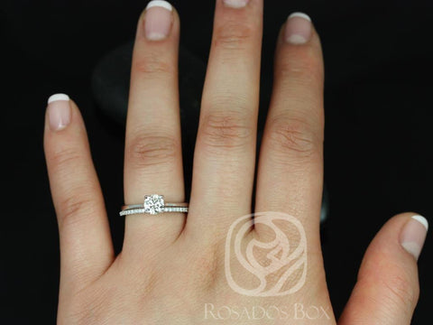 0.70ct Ready to Ship Skinny Flora & Romani 14kt White Gold Diamond Classic Round Solitaire Bridal Set - Rosados Box