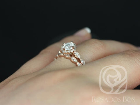 0.75ct Katya 6mm Moissanite Diamonds WITHOUT Milgrain Cushion Halo Kite Halo Bridal Set - Rosados Box