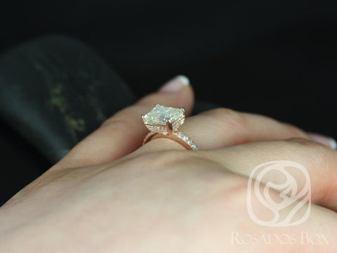 2.60ct Becca 9x7mm 14kt Gold Moissanite Diamond East West Emerald Solitaire Ring - Rosados Box