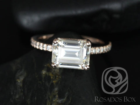 2.60ct Becca 9x7mm 14kt Gold Moissanite Diamond East West Emerald Solitaire Ring - Rosados Box