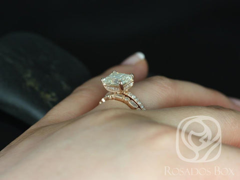 Becca 9x7mm & Ivanna 14kt Rose Gold Emerald Forever One Moissanite Diamonds Bridal Set