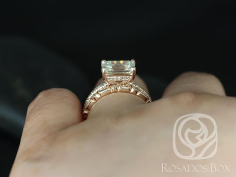 Becca 9x7mm & Ivanna 14kt Rose Gold Emerald Forever One Moissanite Diamonds Bridal Set