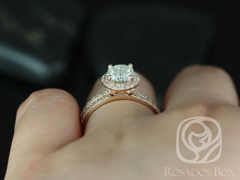 1.50ct EXTRA LOW Chantelle 8x6mm 14kt Solid Rose Gold Oval Moissanite Diamond Micropave Halo Bridal Set