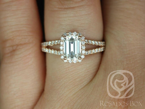 Rosados Box Ready to Ship Yessi 7x5mm 14kt Rose Gold Emerald Forever One GHI Moissanite and Diamonds Split Band Halo Engagement Ring - Rosados Box