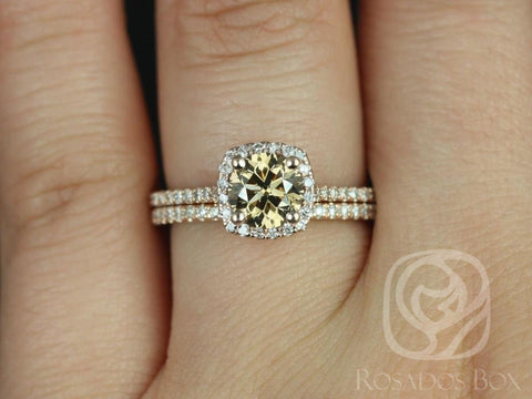 1ct Ready to Ship Samina 14kt Rose Gold Honey Champagne Cognac Diamond Dainty Micropave Cushion Halo Bridal Set - Rosados Box