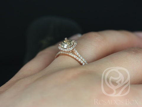 1ct Ready to Ship Samina 14kt Rose Gold Honey Champagne Cognac Diamond Dainty Micropave Cushion Halo Bridal Set - Rosados Box