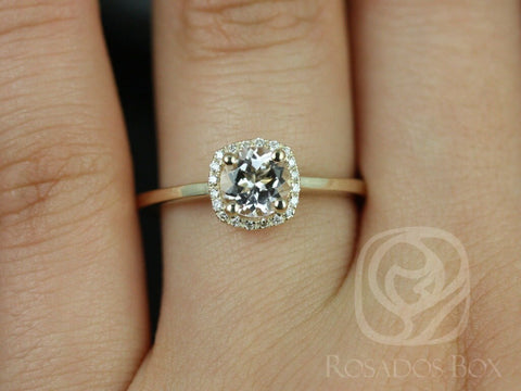 Ready to Ship Bella 6mm 14kt Gold Morganite Diamond Cushion Halo Ring - Rosados Box