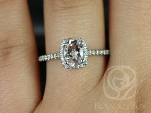 Ready to Ship Romani 7x5mm Platinum Morganite Diamond Cushion Halo Ring - Rosados Box