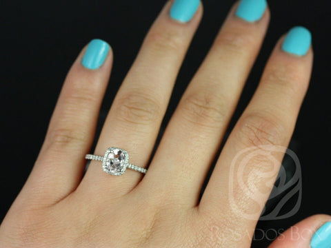 Ready to Ship Romani 7x5mm Platinum Morganite Diamond Cushion Halo Ring - Rosados Box