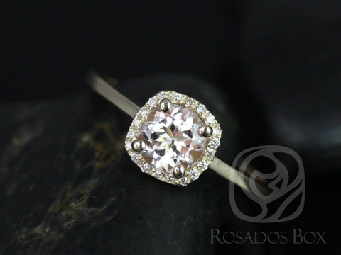 Ready to Ship Bella 6mm 14kt Gold Morganite Diamond Cushion Halo Ring - Rosados Box