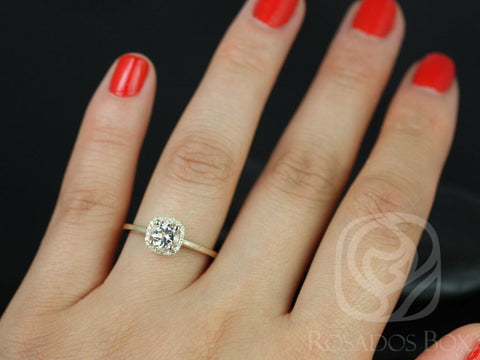 Ready to Ship Bella 6mm 14kt Gold Morganite Diamond Cushion Halo Ring - Rosados Box