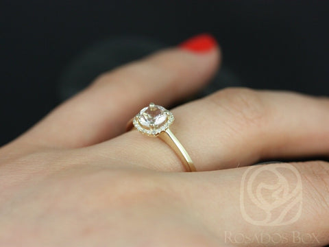 Ready to Ship Bella 6mm 14kt Gold Morganite Diamond Cushion Halo Ring - Rosados Box