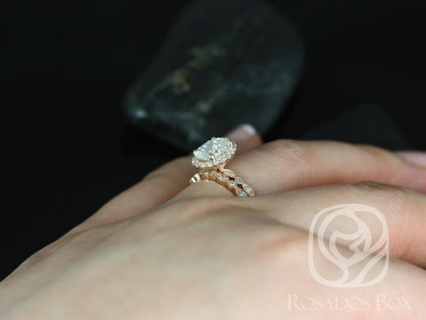 1.50ct Gwen 8x6mm 14kt Moissanite Diamonds WITH Milgrain Art Deco Oval Halo Bridal Set - Rosados Box