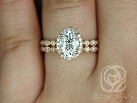 1.50ct Gwen 8x6mm 14kt Moissanite Diamonds WITH Milgrain Art Deco Oval Halo Bridal Set - Rosados Box