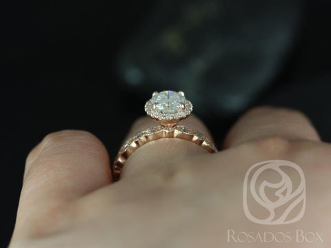 1.50ct Gwen 8x6mm 14kt Moissanite Diamonds WITH Milgrain Art Deco Oval Halo Bridal Set - Rosados Box