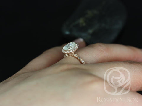 1.50ct Gwen 8x6mm 14kt Moissanite Diamond WITH Milgrain Art Deco Oval Halo Ring - Rosados Box