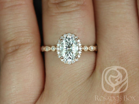 Ready to Ship Gwen 8x6mm 14kt WHITE Gold Forever One Moissanite Diamond WITH Milgrain Dainty Art Deco Oval Halo Engagement Ring