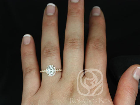 Ready to Ship Gwen 8x6mm 14kt WHITE Gold Forever One Moissanite Diamond WITH Milgrain Dainty Art Deco Oval Halo Engagement Ring