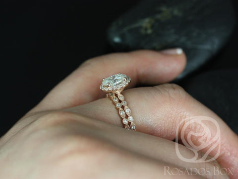 1.50ct Gwen 8x6mm 14kt Moissanite Diamonds WITH Milgrain Art Deco Oval Halo Bridal Set - Rosados Box