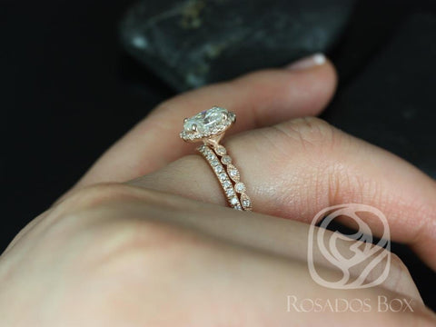 1.50ct Oval Moissanite Diamonds Dainty Pave Halo WITH Milgrain Set,14kt Rose Gold,Gwen 8x6mm & Pernella