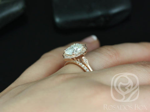 2ct Mae 9x7mm & Pernella 14kt Rose Gold Forever One Moissanite Diamond Art Deco Unique Oval Halo Bridal Set - Rosados Box