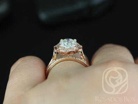 2ct Mae 9x7mm & Pernella 14kt Rose Gold Forever One Moissanite Diamond Art Deco Unique Oval Halo Bridal Set - Rosados Box