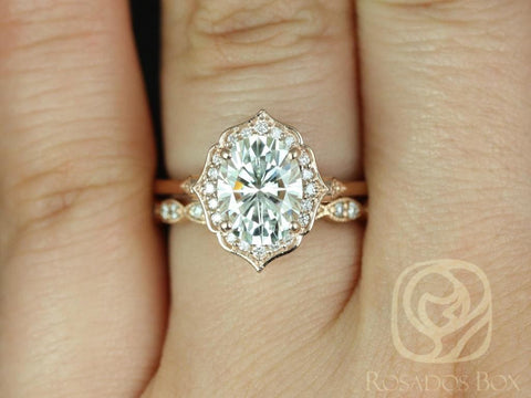 2ct Mae 9x7mm & Christie 14kt Rose Gold Moissanite Diamond Art Deco Unique Oval Halo Bridal Set