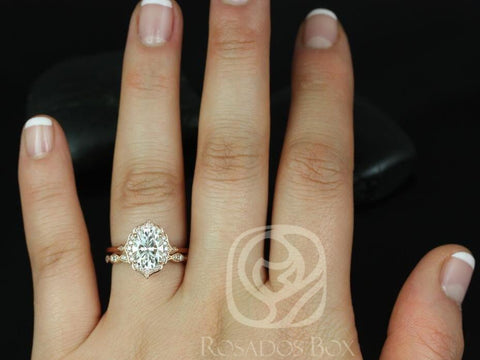 2ct Mae 9x7mm & Christie 14kt Rose Gold Moissanite Diamond Art Deco Unique Oval Halo Bridal Set